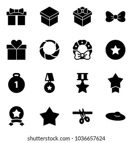 Solid vector icon set - gift vector, bow, christmas wreath, star medal, gold, opening, woman hat