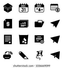 Solid vector icon set - gift vector, 31 dec calendar, christmas, account statement, statistics report, folder, paper plane, agreement, garbage, certificate, fly, printer wireless, work knife, kite