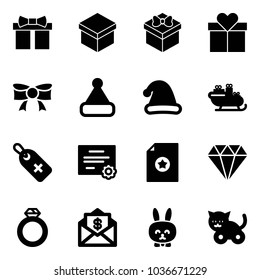 Solid vector icon set - gift vector, bow, christmas hat, santa sleigh, medical label, certificate, diamond, ring, mail dollar, toy rabbit, cat