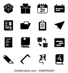 Solid vector icon set - gift vector, 31 dec calendar, schedule, account statement, folder, clipboard, paper plane, document, book, data exchange, terms plan, work knife, staple, kite, abc