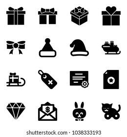 Solid vector icon set - gift vector, bow, christmas hat, santa sleigh, medical label, certificate, diamond, mail dollar, toy rabbit, cat