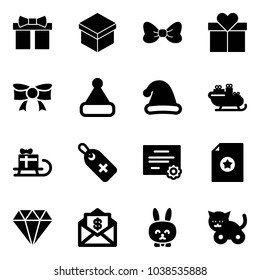 Solid vector icon set - gift vector, bow, christmas hat, santa sleigh, medical label, certificate, diamond, mail dollar, toy rabbit, cat