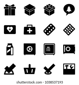 Solid vector icon set - gift vector, merry christmas message, first aid kit, doctor bag, pills blister, milk, safe, check, basket, tool box