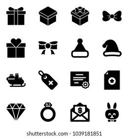 Solid vector icon set - gift vector, bow, christmas hat, santa sleigh, medical label, certificate, diamond, ring, mail dollar, toy rabbit