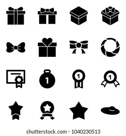 Solid vector icon set - gift vector, bow, christmas wreath, certificate, gold medal, star, woman hat