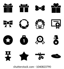 Solid vector icon set - gift vector, bow, christmas wreath, certificate, star medal, gold, opening, woman hat