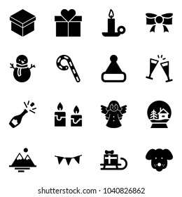 Solid vector icon set - gift vector, candle, bow, snowman, lollipop, christmas hat, wine glasses, champagne, angel, snowball house, mountains, flag garland, sleigh, dog