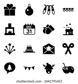 Solid vector icon set - gift vector, garland, fireplace, 31 dec calendar, gloves, house, firework, cake, star letter, santa stick, merry christmas message, flag, deer hat, coconut cocktail