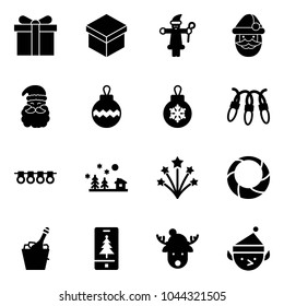 Solid vector icon set - gift vector, santa claus, christmas ball, garland, landscape, firework, wreath, champagne, mobile, deer hat, elf