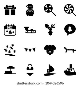 Solid vector icon set - gift vector, santa claus, lollipop, christmas calendar, sleigh, holly, merry message, sale, flag garland, dog, lounger, inflatable pool, swimsuit, windsurfing, toy boat