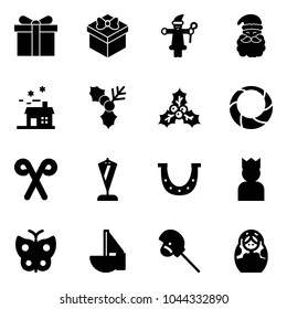 Solid vector icon set - gift vector, santa claus, house, holly, christmas wreath, stick, pennant, luck, king, butterfly, sailboat toy, horse, russian doll