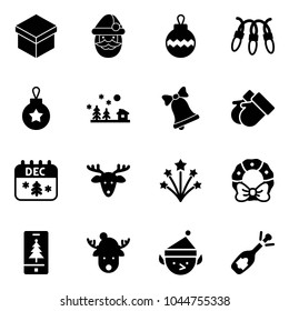 Solid vector icon set - gift vector, santa claus, christmas ball, garland, landscape, bell, gloves, calendar, deer, firework, wreath, mobile, hat, elf, fizz opening