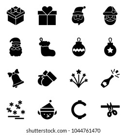 Solid vector icon set - gift vector, santa claus, christmas sock, ball, bell, gloves, firework, champagne, sale, elf, cent, opening