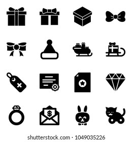 Solid vector icon set - gift vector, bow, christmas hat, santa sleigh, medical label, certificate, diamond, ring, mail dollar, toy rabbit, cat