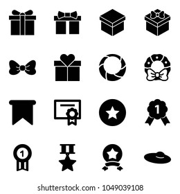 Solid vector icon set - gift vector, bow, christmas wreath, flag, certificate, star medal, gold, woman hat