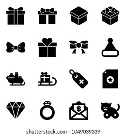 Solid vector icon set - gift vector, bow, christmas hat, santa sleigh, medical label, certificate, diamond, ring, mail dollar, toy cat