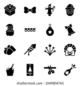 Solid vector icon set - gift vector, bow, santa claus, garland, christmas ball, bell, gloves, firework rocket, wreath, champagne, mobile, opening, fizz