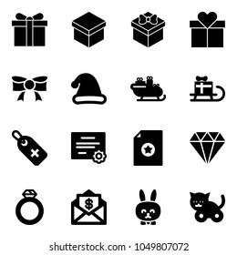 Solid vector icon set - gift vector, bow, christmas hat, santa sleigh, medical label, certificate, diamond, ring, mail dollar, toy rabbit, cat