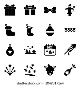 Solid vector icon set - gift vector, bow, Santa Claus, Christmas sock, ball, garland, landscape, calendar, firework rocket, sale, deer hat, fizz opening