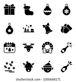 Solid vector icon set - gift vector, christmas sock, ball, landscape, bell, gloves, calendar, deer, wreath, champagne, sale, hat, elf, fizz opening