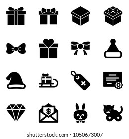 Solid vector icon set - gift vector, bow, christmas hat, sleigh, medical label, certificate, diamond, mail dollar, toy rabbit, cat
