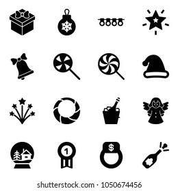 Solid vector icon set - gift vector, christmas ball, garland, star, bell, lollipop, hat, firework, wreath, champagne, angel, snowball house, gold medal, finger ring, fizz opening
