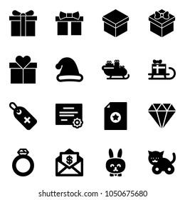 Solid vector icon set - gift vector, christmas hat, santa sleigh, medical label, certificate, diamond, ring, mail dollar, toy rabbit, cat