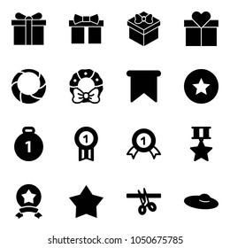 Solid vector icon set - gift vector, christmas wreath, flag, star medal, gold, opening, woman hat