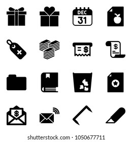 Solid vector icon set - gift vector, 31 dec calendar, diet list, medical label, big cash, receipt, account history, folder, book, garbage, certificate, mail dollar, wireless, staple, work knife