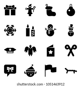 Solid vector icon set - gift vector, santa claus, christmas sock, snowflake, candle, snowman, candy, angel, star postcard, stick, bow message, elf, flag, lounger