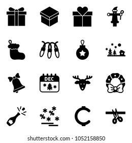 Solid vector icon set - gift vector, santa claus, christmas sock, garland, ball, landscape, bell, calendar, deer, wreath, champagne, sale, cent, opening