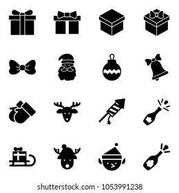 Solid vector icon set - gift vector, bow, santa claus, christmas ball, bell, gloves, deer, firework rocket, champagne, sleigh, hat, elf, fizz opening