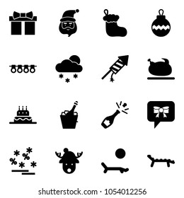 Solid vector icon set - gift vector, santa claus, christmas sock, ball, garland, snowfall, firework rocket, turkey, cake, champagne, bow message, sale, deer hat, lounger