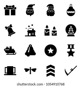 Solid vector icon set - gift vector, santa claus, christmas ball, bell, house, candle, snowball tree, sleigh, star medal, doors, dragonfly, chevron, scythe