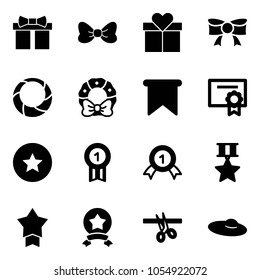 Solid vector icon set - gift vector, bow, christmas wreath, flag, certificate, star medal, gold, opening, woman hat