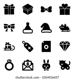 Solid vector icon set - gift vector, bow, christmas hat, santa sleigh, medical label, certificate, diamond, ring, mail dollar, toy rabbit, cat