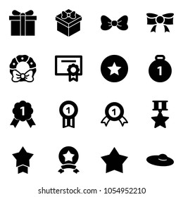 Solid vector icon set - gift vector, bow, christmas wreath, certificate, star medal, gold, woman hat