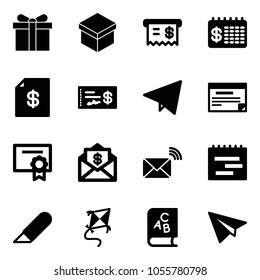 Solid vector icon set - gift vector, receipt, finance calendar, account statement, check, paper fly, schedule, certificate, mail dollar, wireless, terms plan, work knife, kite, abc book, plane