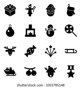 Solid vector icon set - gift vector, santa claus, christmas glove, fireplace, snowman, lollipop, deer, candy, firework, sleigh, rowanberry, hat, star medal