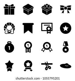 Solid vector icon set - gift vector, bow, christmas wreath, flag, certificate, star medal, gold, opening, woman hat