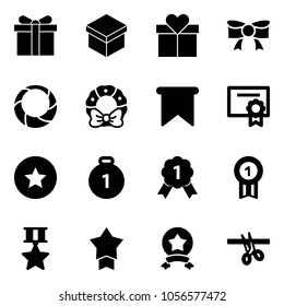 Solid vector icon set - gift vector, bow, christmas wreath, flag, certificate, star medal, gold, opening