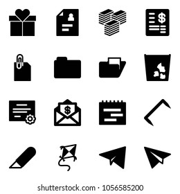 Solid vector icon set - gift vector, patient card, big cash, account statement, attachment, folder, garbage, certificate, mail dollar, terms plan, staple, work knife, kite, paper plane
