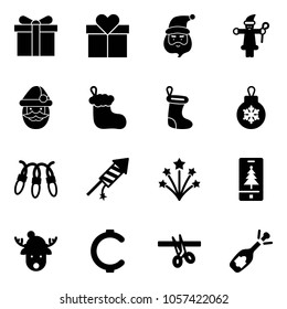 Solid vector icon set - gift vector, santa claus, christmas sock, ball, garland, firework rocket, mobile, deer hat, cent, opening, fizz