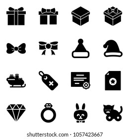 Solid vector icon set - gift vector, bow, christmas hat, santa sleigh, medical label, certificate, diamond, ring, toy rabbit, cat