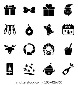 Solid vector icon set - gift vector, bow, santa claus, garland, christmas ball, bell, calendar, deer, wreath, champagne, mobile, sale, elf, fizz opening