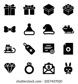 Solid vector icon set - gift vector, bow, christmas hat, santa sleigh, medical label, certificate, diamond, ring, mail dollar, toy rabbit
