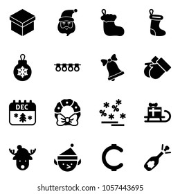 Solid vector icon set - gift vector, santa claus, christmas sock, ball, garland, bell, gloves, calendar, wreath, sale, sleigh, deer hat, elf, cent, fizz opening
