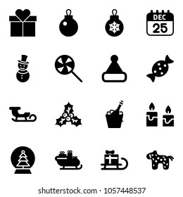 Solid vector icon set - gift vector, christmas ball, 25 dec calendar, snowman, lollipop, hat, candy, sleigh, holly, champagne, candle, snowball tree, santa, toy horse