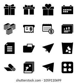 Solid vector icon set - gift vector, schedule, big cash, receipt, calendar, statistics report, document, folder, paper plane, garbage, mat, photo, cube hole toy
