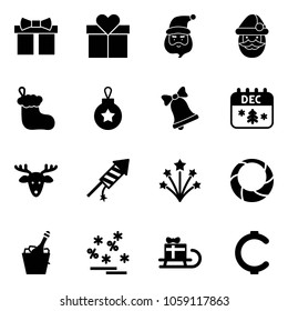 Solid vector icon set - gift vector, santa claus, christmas sock, ball, bell, calendar, deer, firework rocket, wreath, champagne, sale, sleigh, cent